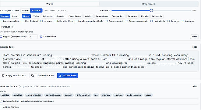 Screenshot of the GridForge Studio cloze exercise creator controls
